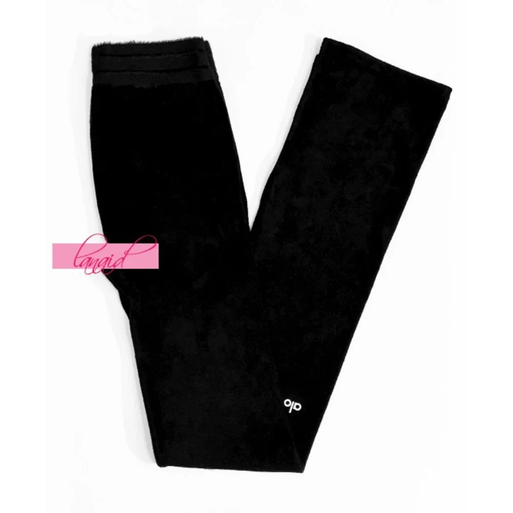 Alo Seamless Luxe Terry High-Waist Cuddle Legging Black Hi-Rise Slit Hem Bootcut